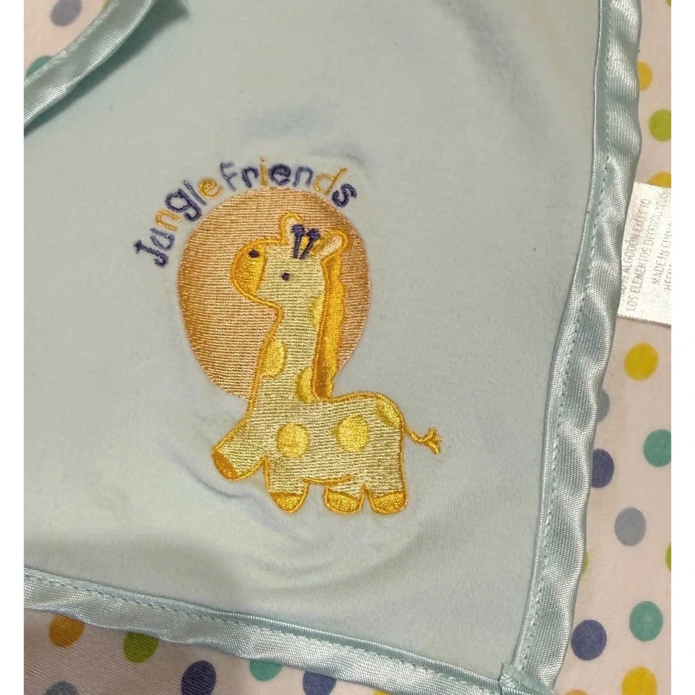 Small Wonders Blue Polka Dot Giraffe Jungle Friend Satin Trim Baby Blanket Cotto